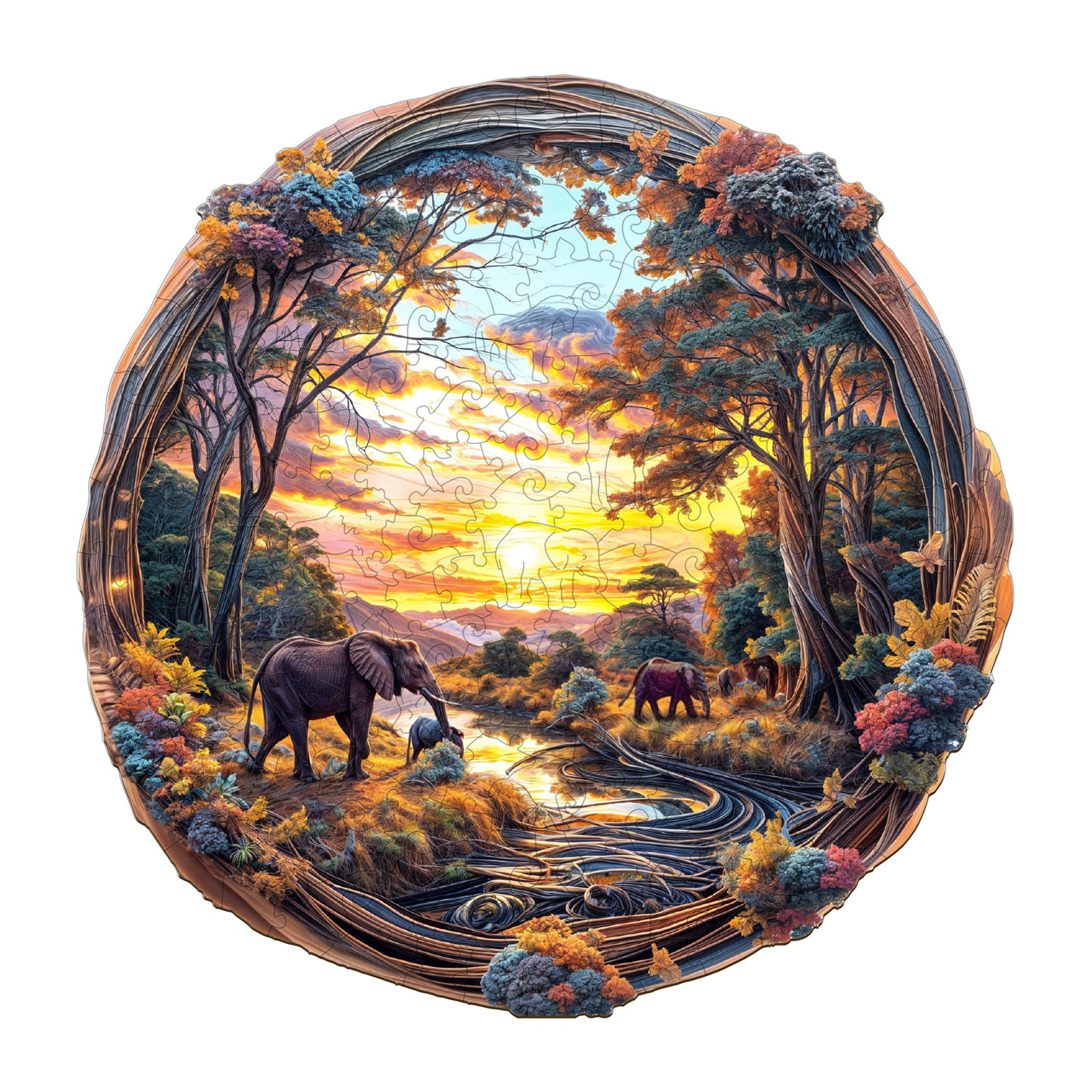 Puzzle en bois-Éléphant au coucher du soleil 66e50b4be2c8c