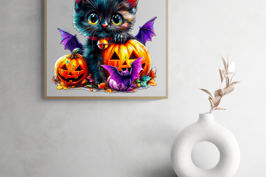 Puzzle d’Halloween enchanteur : adorable chat noir avec citrouilles et chauves-souris 66df99795b01f