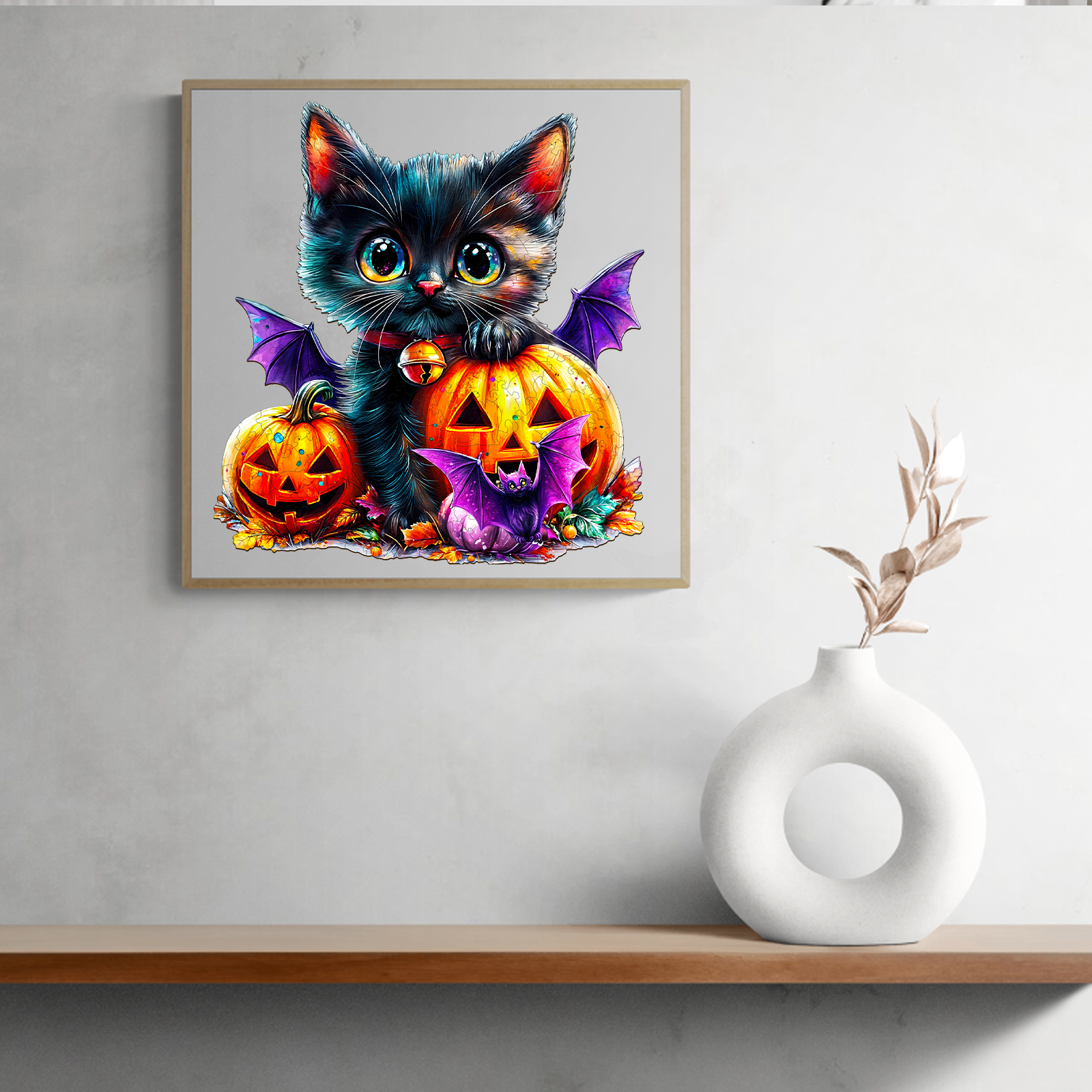 Puzzle d’Halloween enchanteur : adorable chat noir avec citrouilles et chauves-souris 66df99795b01f