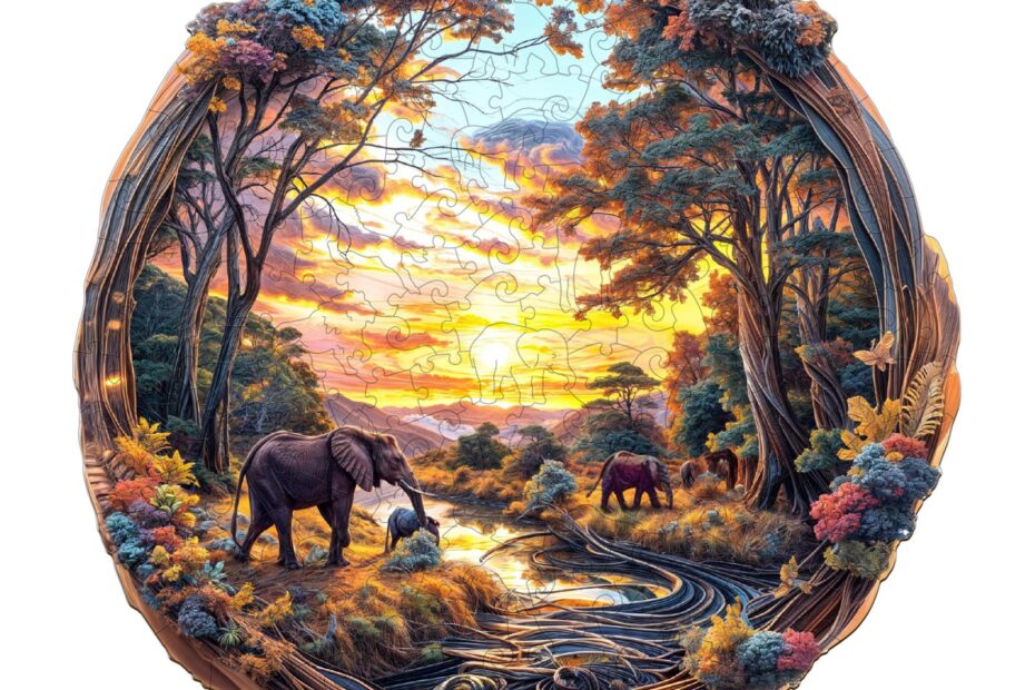 Træpuslespil-elefant ved solnedgang