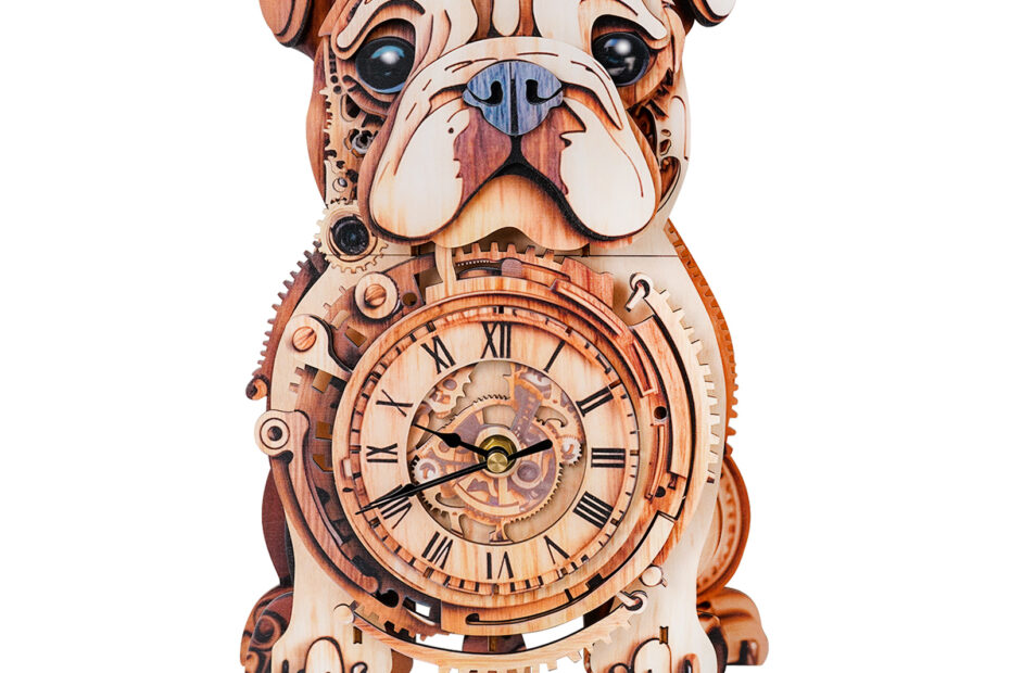 Puzzle 3D in legno leggero – Orologio bulldog fai da te